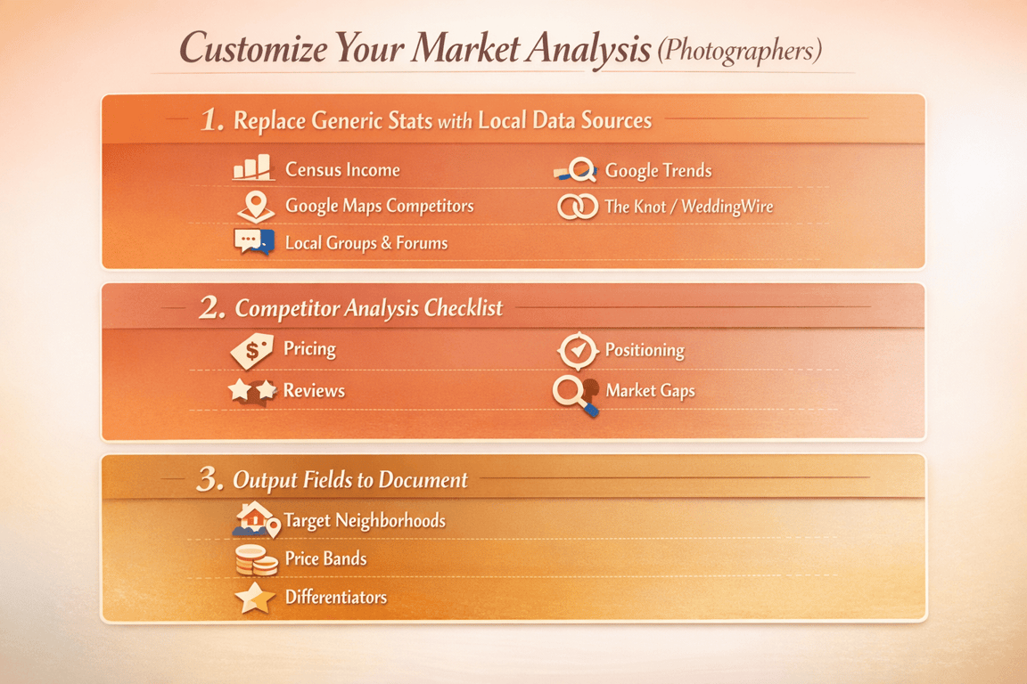 Steps for customizing market analysis for photographers including local data sources, competitor analysis checklist, and output fields to document.