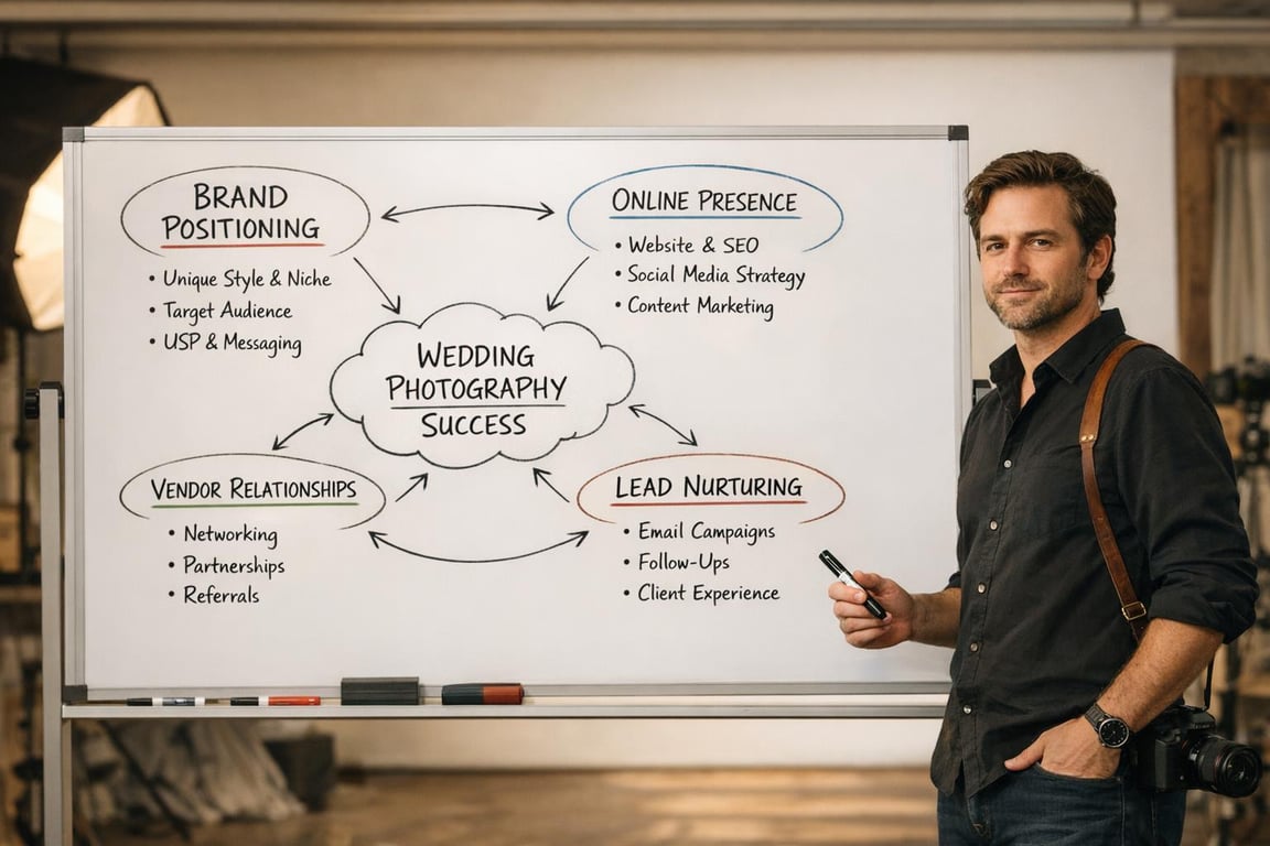 Man standing next to whiteboard with wedding photography success plan including brand positioning, online presence, vendor relationships, lead nurturing.