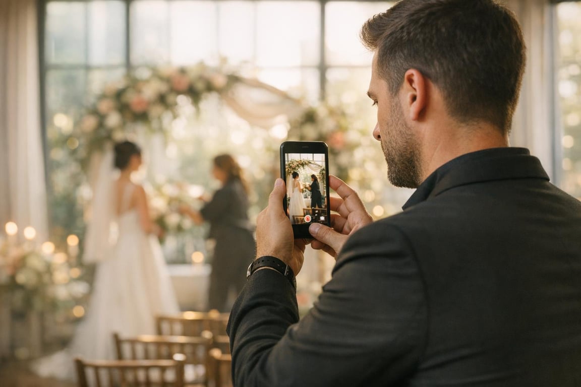 Man in suit recording bride and officiant at wedding ceremony using smartphone in floral-decorated venue.