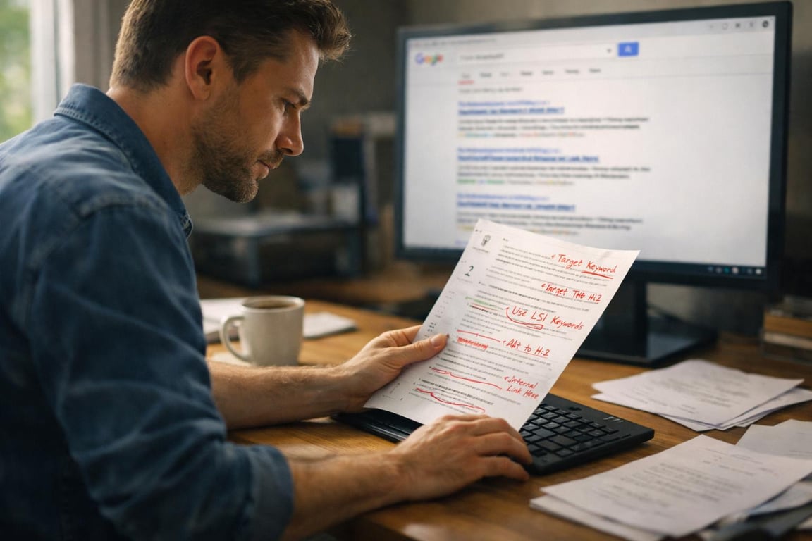 Man reviewing printed SEO content notes with red annotations at a desk, computer monitor displaying search results in the background.