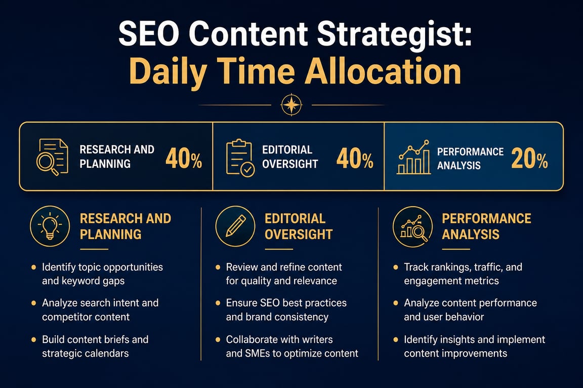 Infographic showing SEO content strategist daily time split: 40% research and planning, 40% editorial oversight, 20% performance analysis