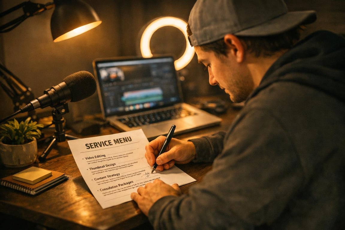 Man signing a service menu for video editing, thumbnail design, content strategy, and consultation packages at desk.