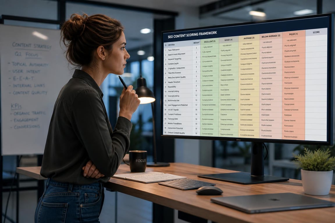 SEO content manager studying a 19-axis scoring framework on a large monitor at a standing desk in a modern office