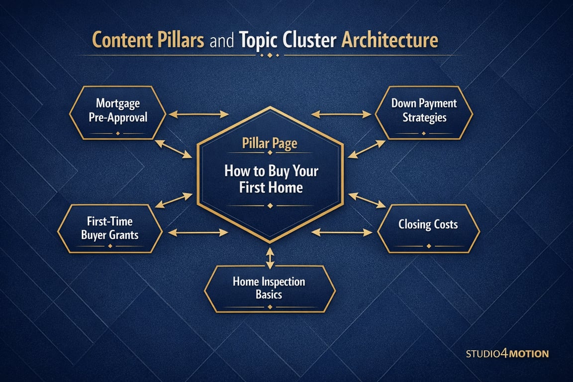 Content pillars and topic cluster architecture with "How to Buy Your First Home" pillar page linked to related subtopics.