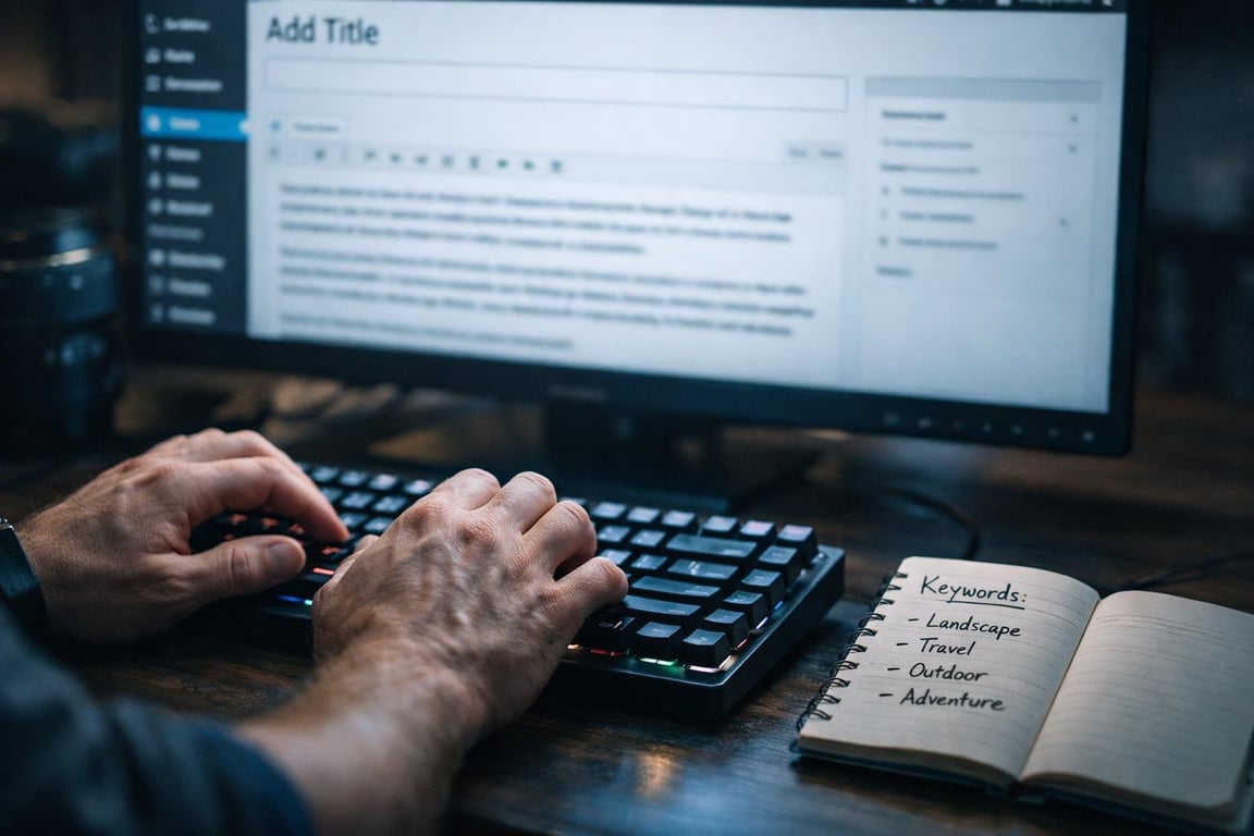 Hands typing on a keyboard with a blog post editor on screen and a notebook listing keywords like travel and adventure nearby.