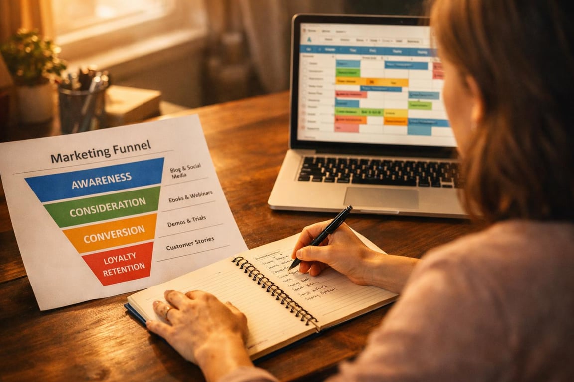 Person writing notes in a planner next to a marketing funnel chart and open laptop with a colorful schedule on screen.
