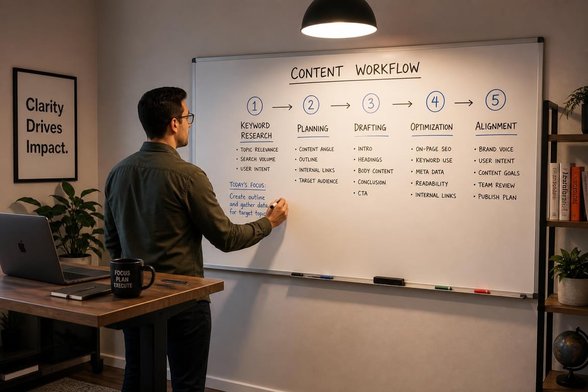 An SEO content writer at a whiteboard mapping the five core responsibilities of the role from research to business alignment