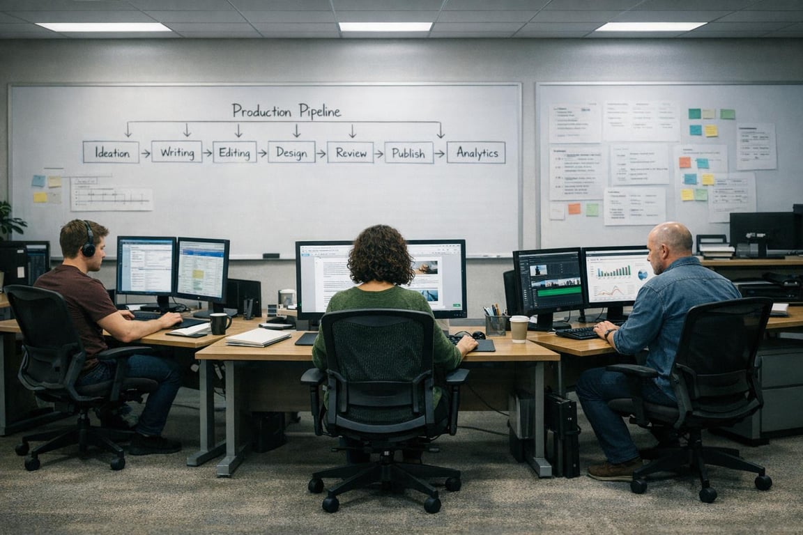 Three professionals working at computers in an office with a whiteboard outlining a production pipeline process.