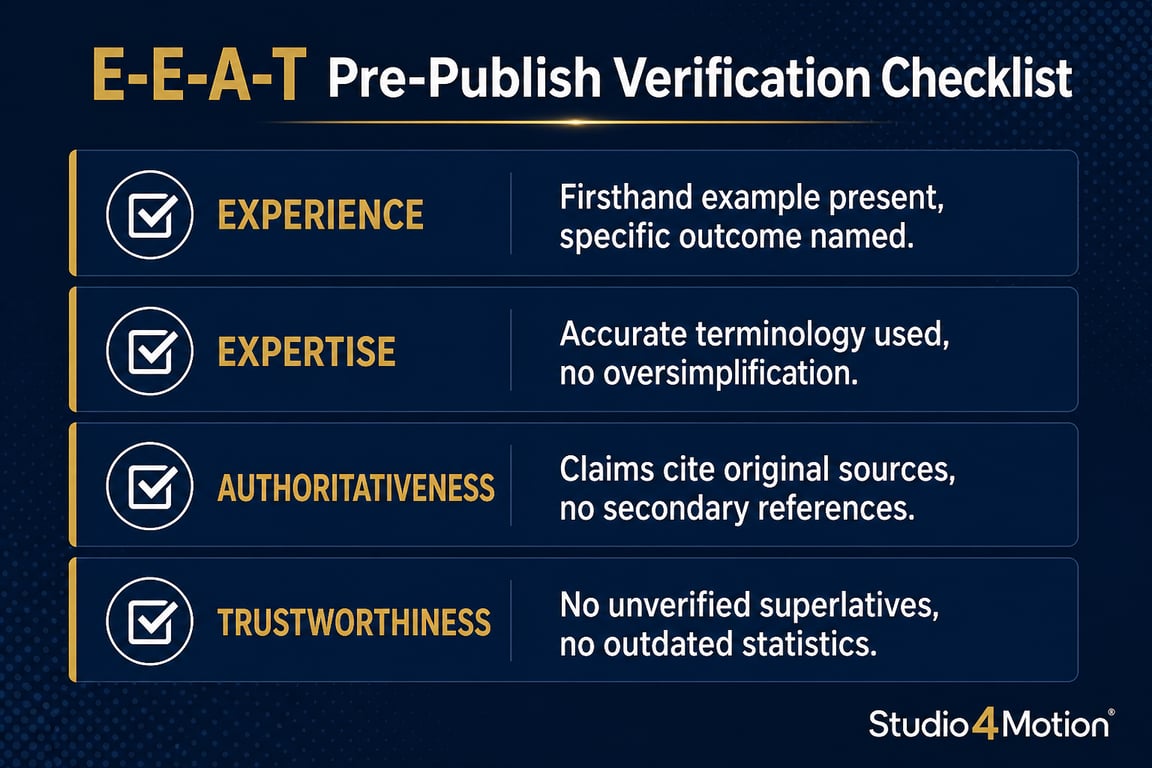 Four-row E-E-A-T pre-publish checklist infographic covering experience, expertise, authoritativeness, and trustworthiness verification items