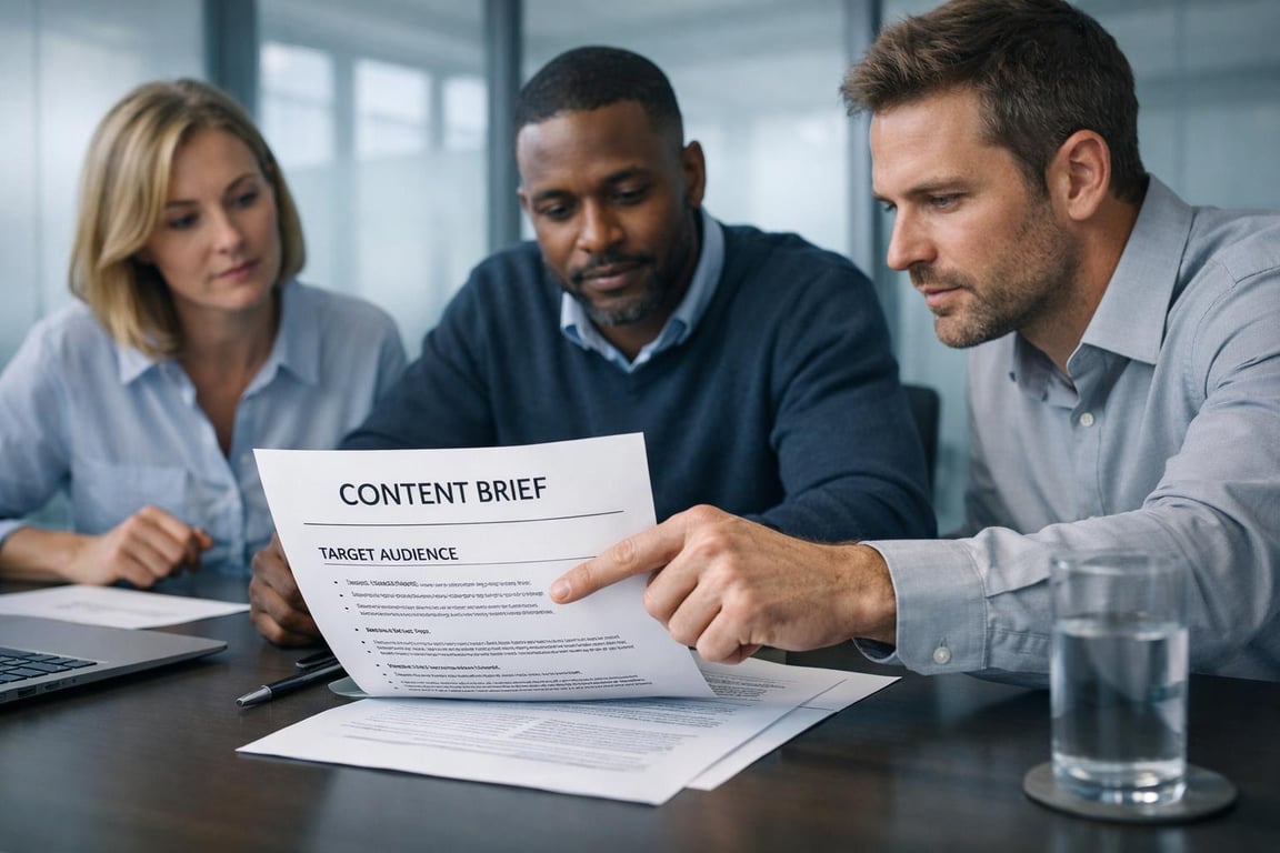 Three professionals reviewing a content brief document focused on target audience in a modern office setting.