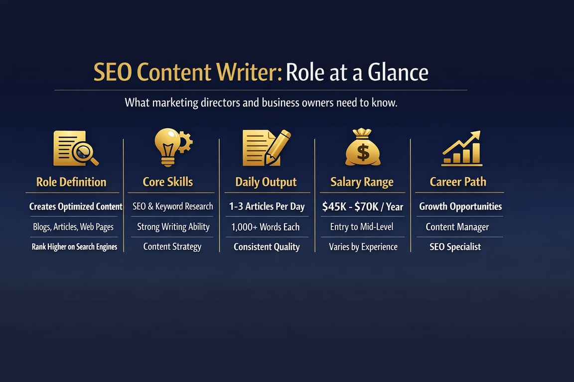 SEO content writer role overview with skills, daily output, salary range, and career path for marketing directors and business owners.