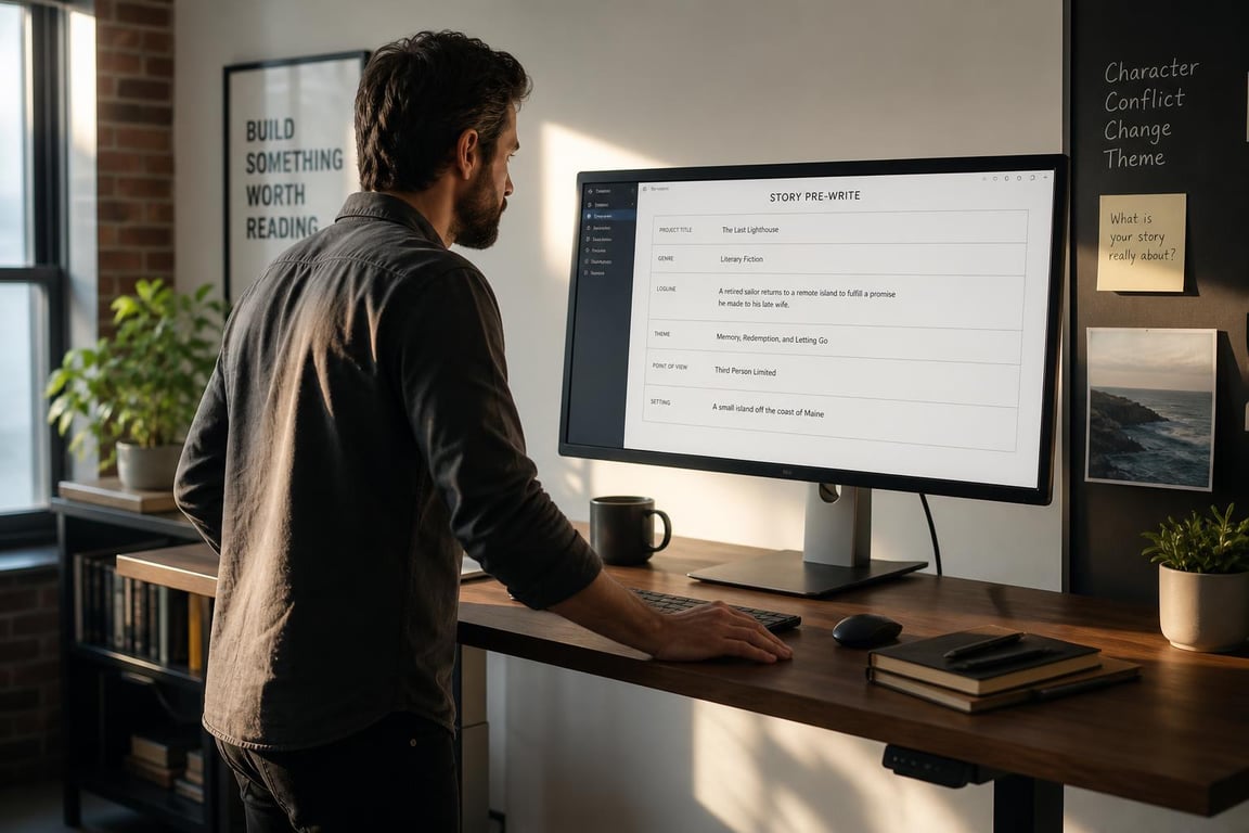 Writer at a standing desk reading a structured pre-writing SEO template document on a large monitor