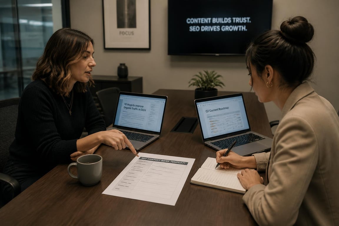 Freelance SEO copywriter and in-house content manager reviewing a printed SEO content template at a conference table