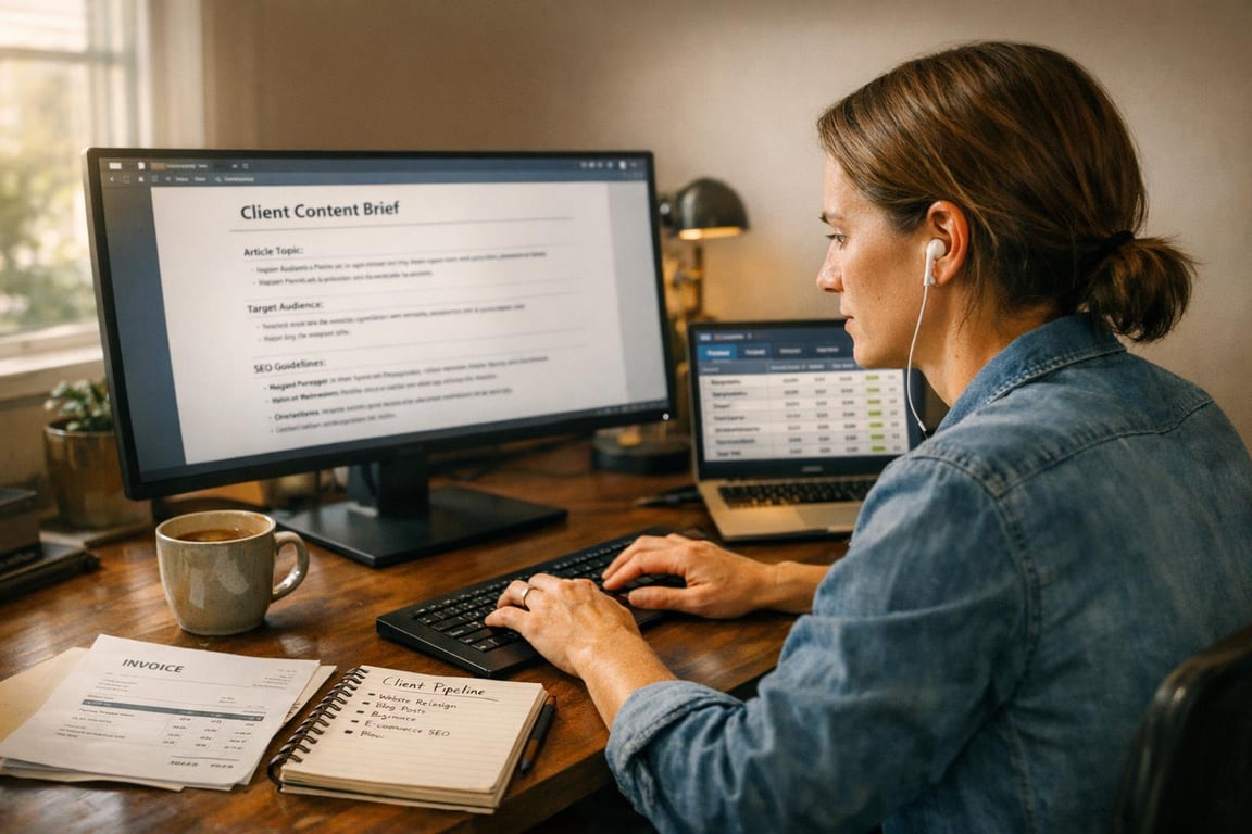 Woman working on content brief at desk with dual monitors, coffee, invoice, and notebook in cozy home office.