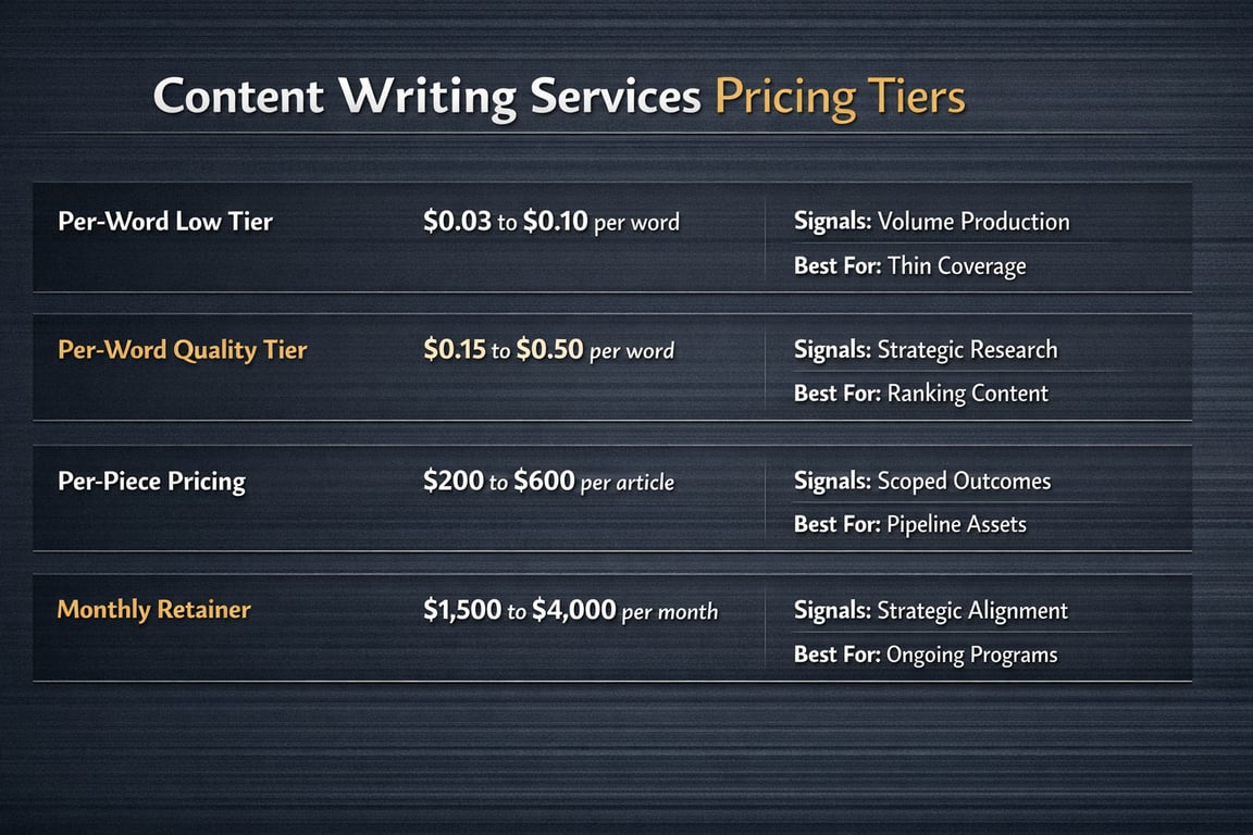 Content writing services pricing tiers with per-word, per-piece, and monthly retainer rates and best use cases.