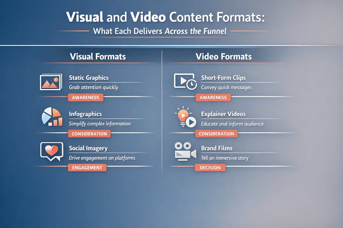 Visual and video content formats with their marketing funnel stages: awareness, consideration, engagement, and decision.