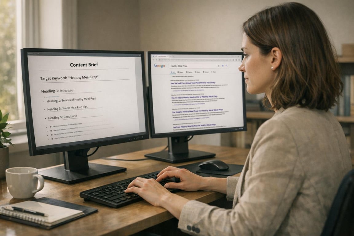 Woman working on dual monitors with content brief and Google search for "Healthy Meal Prep" at a wooden desk.