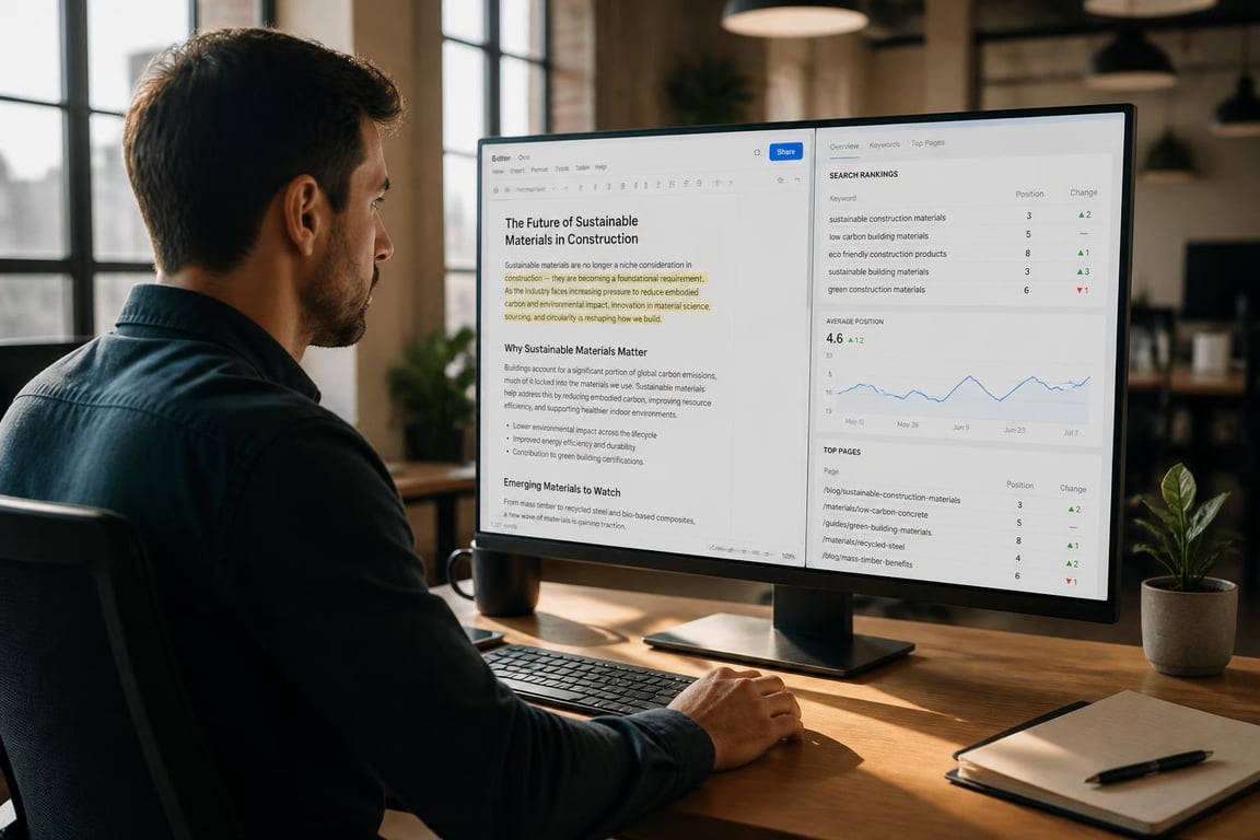 An SEO content writer reviewing search performance data and article structure at a modern workspace desk