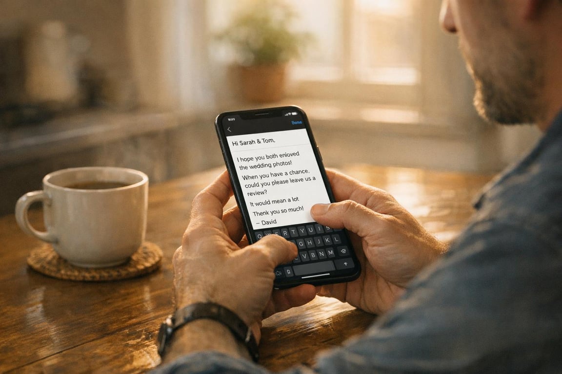 Man typing a message on a smartphone requesting a review for wedding photos with coffee cup on wooden table nearby.
