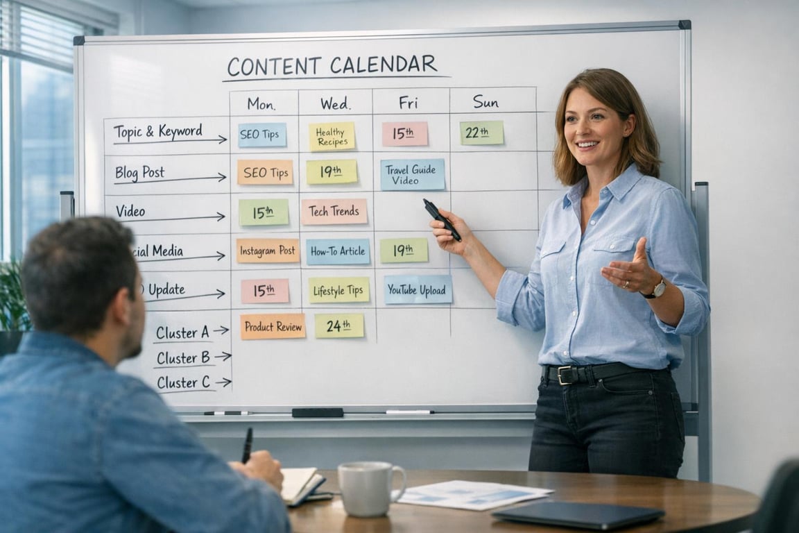 Woman presenting a content calendar with blog posts, videos, social media, and SEO topics to a man in an office meeting.
