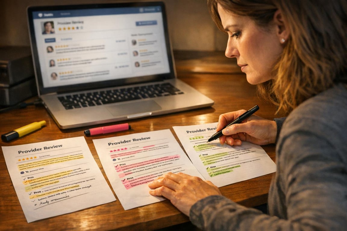 Woman highlighting and reviewing printed provider reviews with a laptop showing online reviews on a wooden desk.