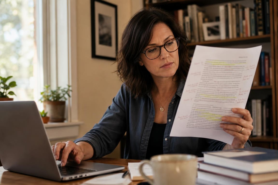 A content editor reviews a printed page with margin notes during a final pre-publish quality review before publishing SEO optimized copy