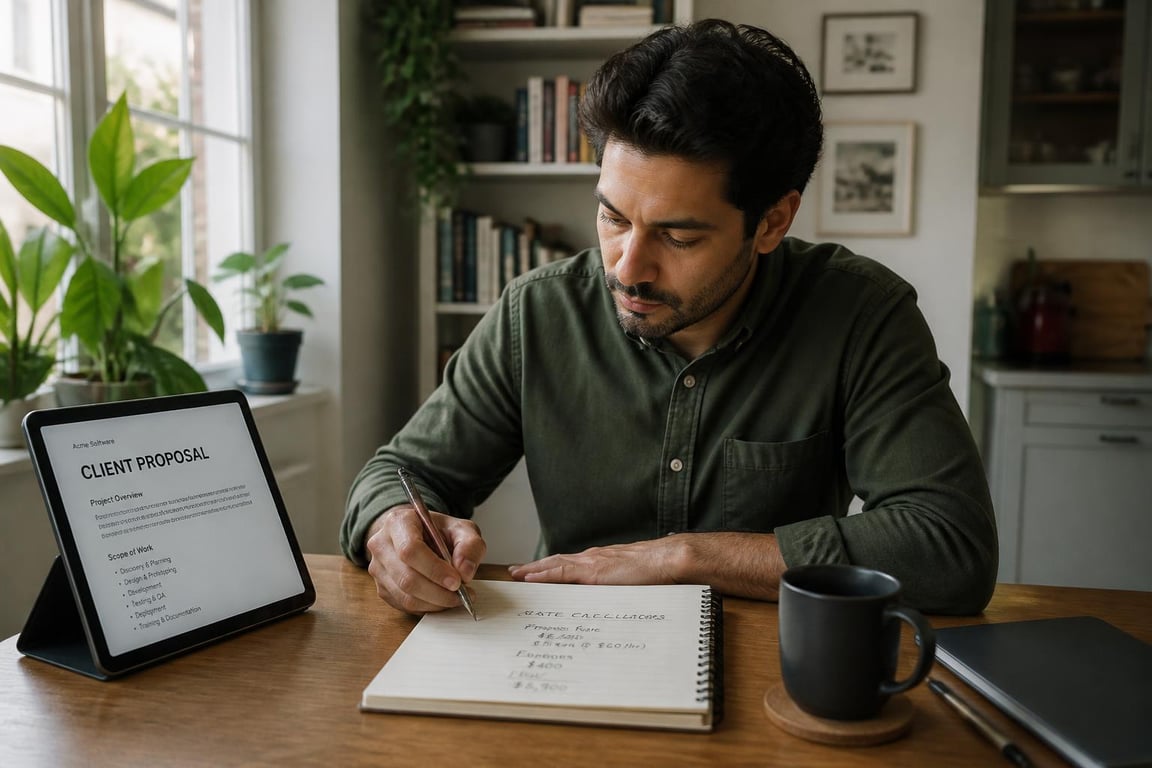 Freelance SEO copywriter reviewing a client proposal and rate calculations at a home office desk in natural light