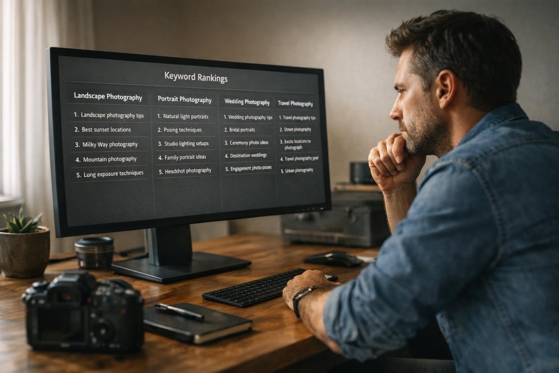 Man analyzing keyword rankings for landscape, portrait, wedding, and travel photography on a computer screen.