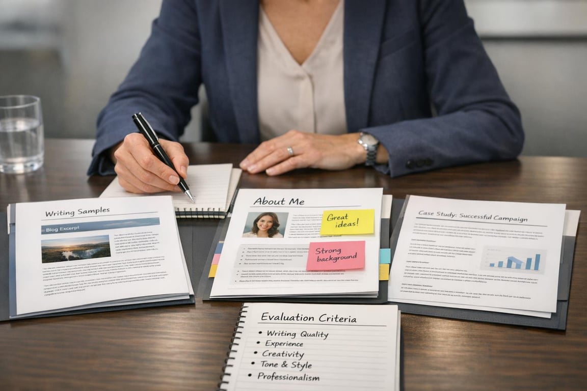 Person writing notes at a desk with writing samples, about me page, case study, and evaluation criteria documents displayed.