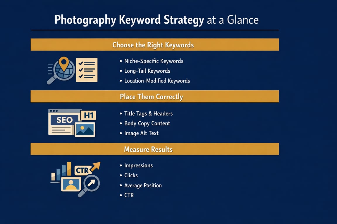Photography keyword strategy overview showing choosing keywords, placing them correctly, and measuring results with icons.