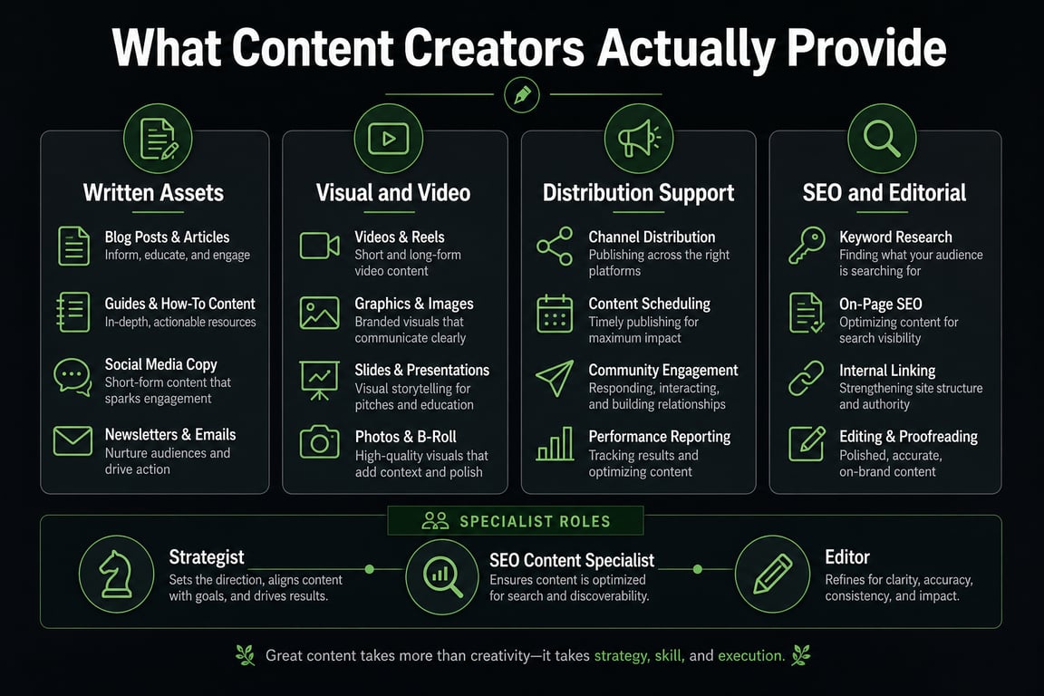 Infographic showing four core deliverable categories content creators provide including written assets, visual content, distribution, and SEO