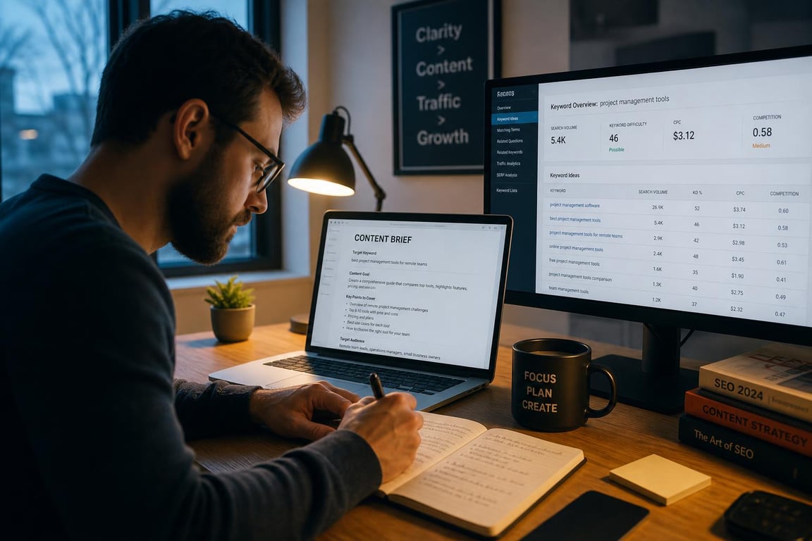 Content team of three reviewing a printed editorial calendar around a conference table in a modern office