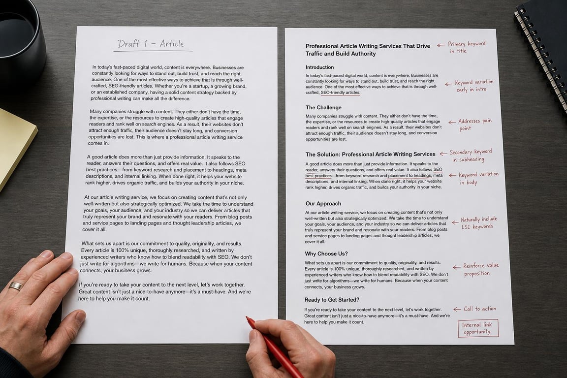 Two article drafts side by side showing an unoptimized version and an optimized SEO content writing version with annotations