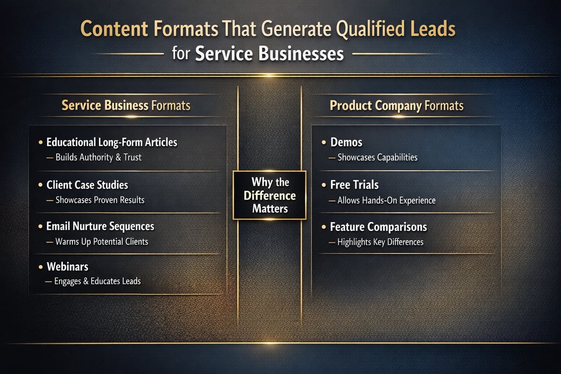 Content formats that generate qualified leads for service businesses versus product companies with key differences explained.