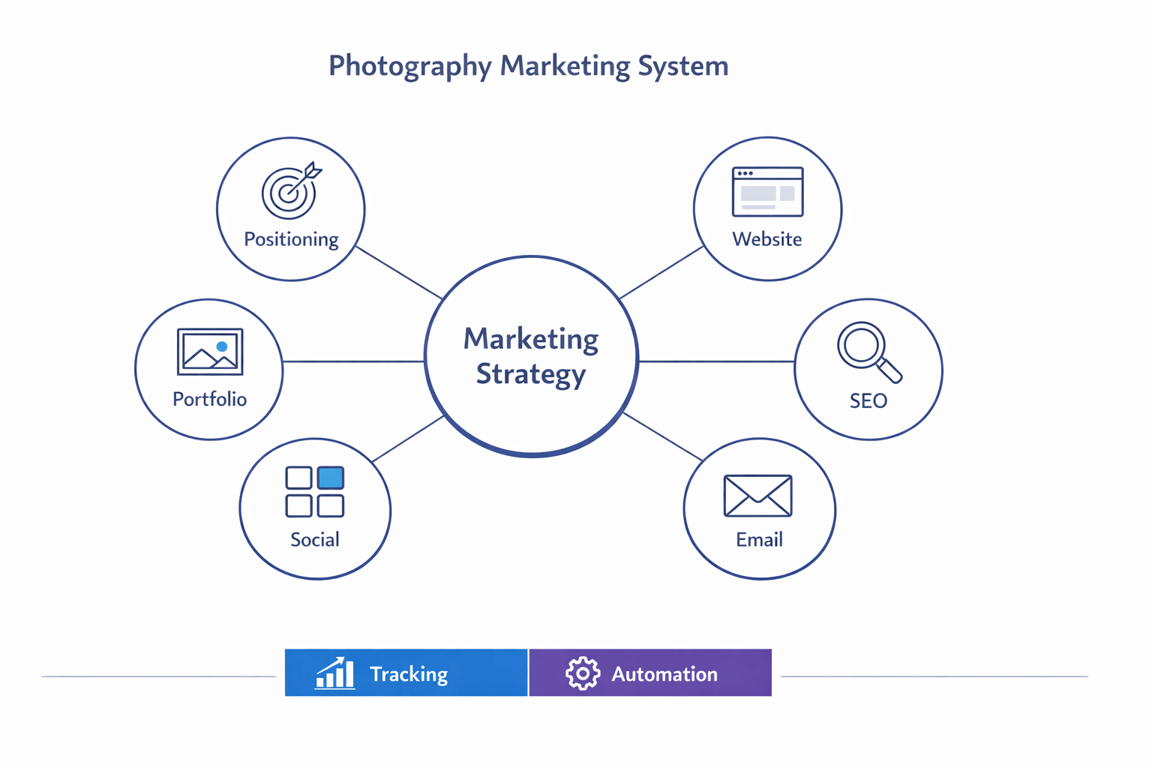 Photography marketing system diagram showing marketing strategy linked to positioning, portfolio, social, website, SEO, and email.