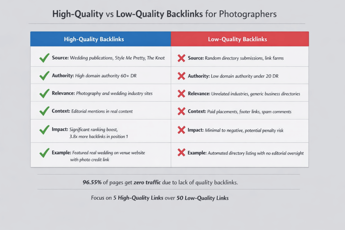 Comparison chart listing characteristics of high-quality versus low-quality backlinks for photographers, with examples and statistics.