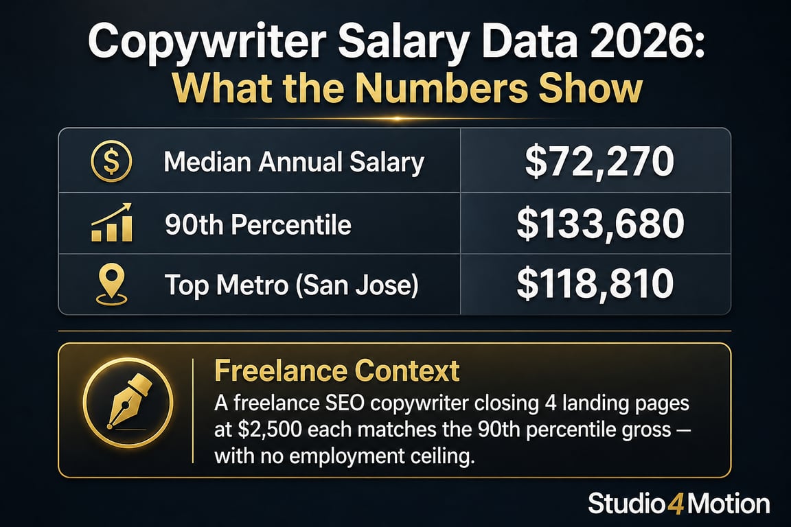 Salary data infographic showing copywriter median, 90th percentile, and top metro benchmarks with a freelance context callout