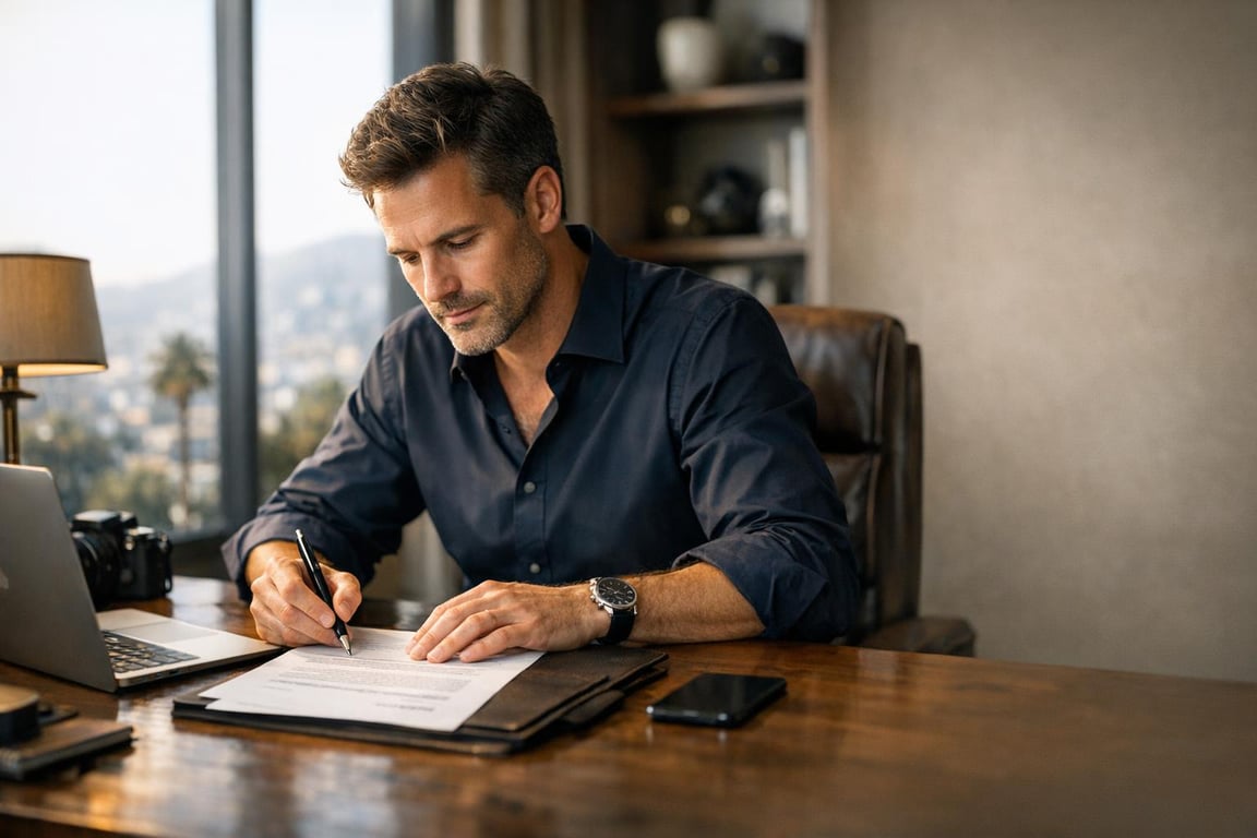 Man in dark shirt sitting at wooden desk signing documents with laptop, phone, and lamp nearby in modern office.