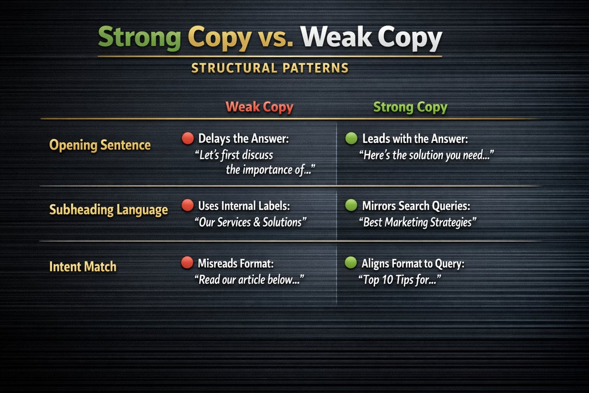 Comparison of strong vs weak copywriting structural patterns including opening sentence, subheading language, and intent match examples.
