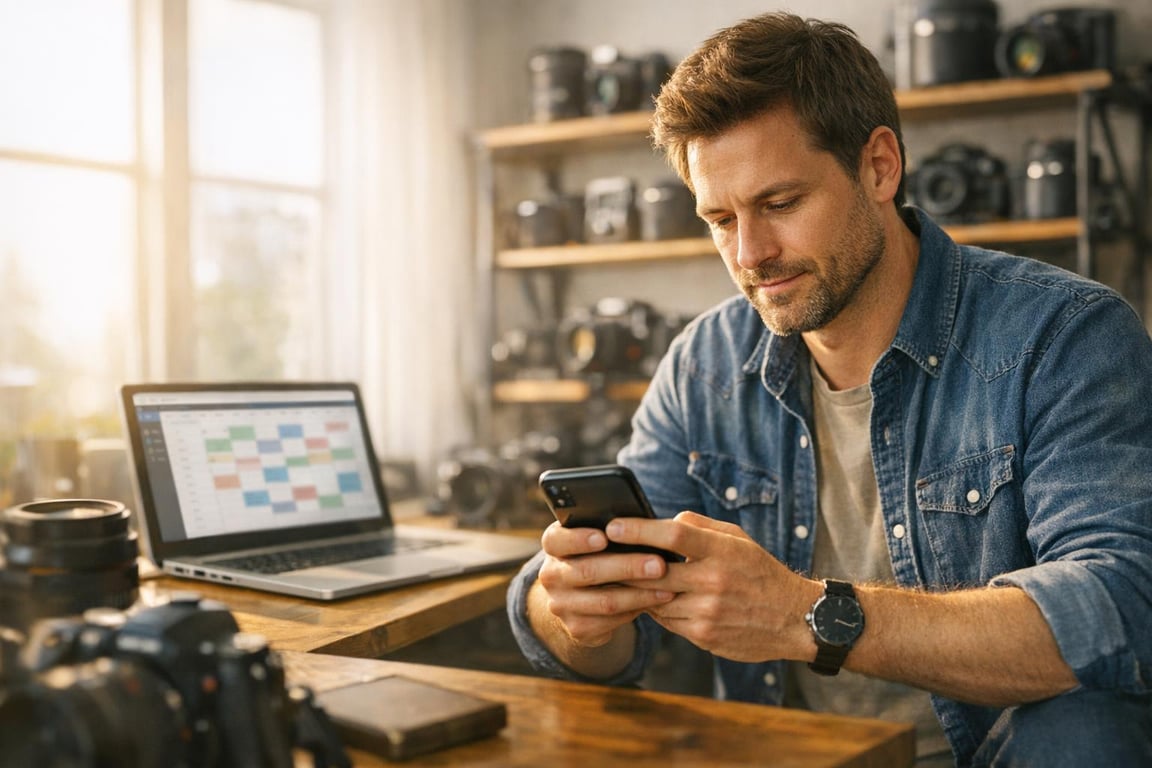 Man in denim shirt using smartphone at wooden desk with camera gear and laptop showing calendar schedule.