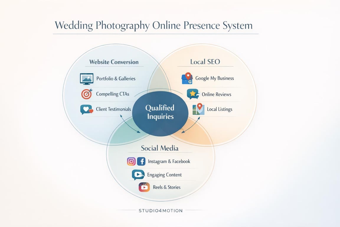 Wedding photography online presence system with website conversion, local SEO, and social media generating qualified inquiries.