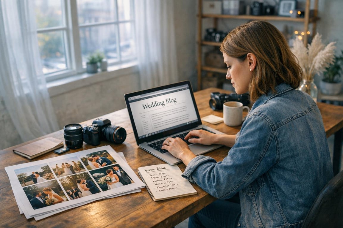 Woman working on wedding blog on laptop with wedding photos, camera, and venue ideas notes on wooden table.