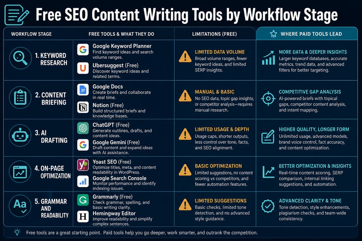 Free SEO content writing tools comparison infographic organized by five workflow stages with paid tool advantages highlighted on the right