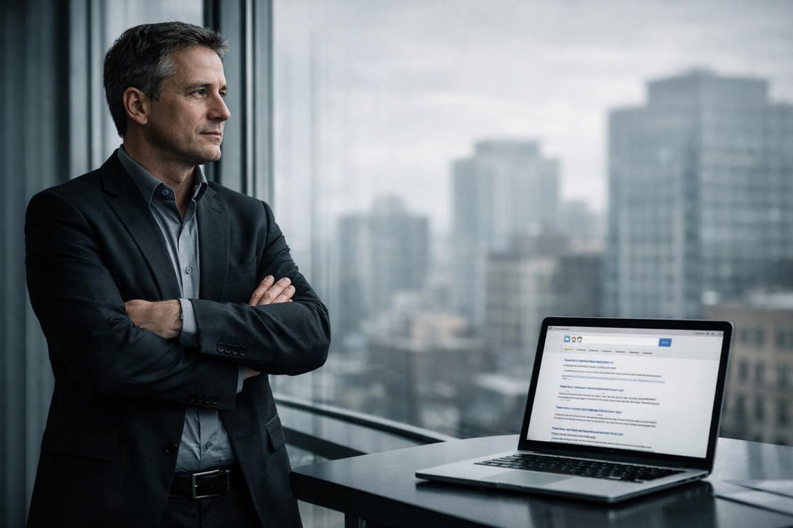 Confident businessman standing with arms crossed near laptop on table, cityscape visible through large window.