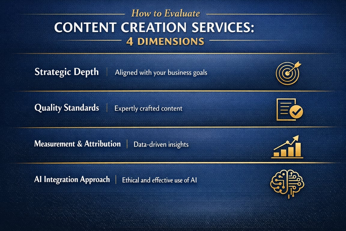 Four dimensions to evaluate content creation services: strategic depth, quality standards, measurement & attribution, AI integration approach.