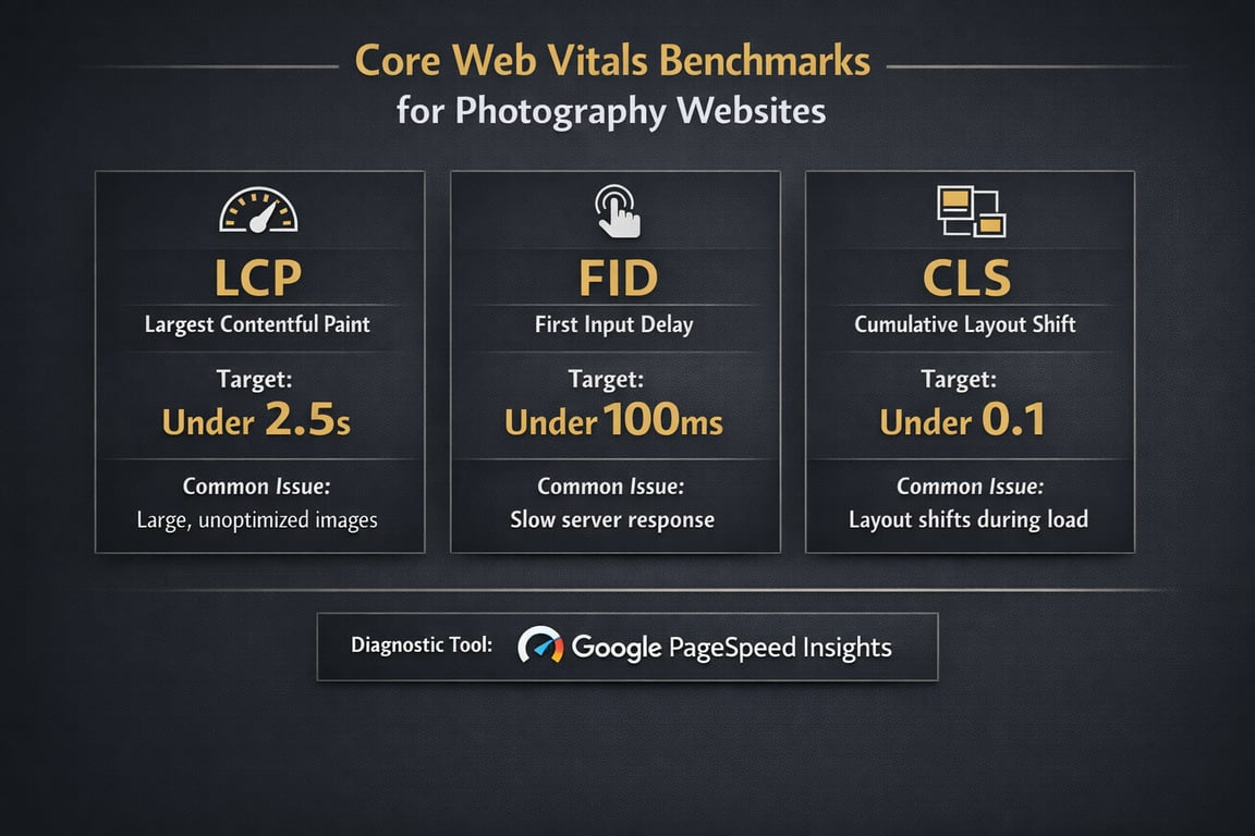 Core Web Vitals benchmarks for photography websites: LCP under 2.5s, FID under 100ms, CLS under 0.1 with common issues listed.