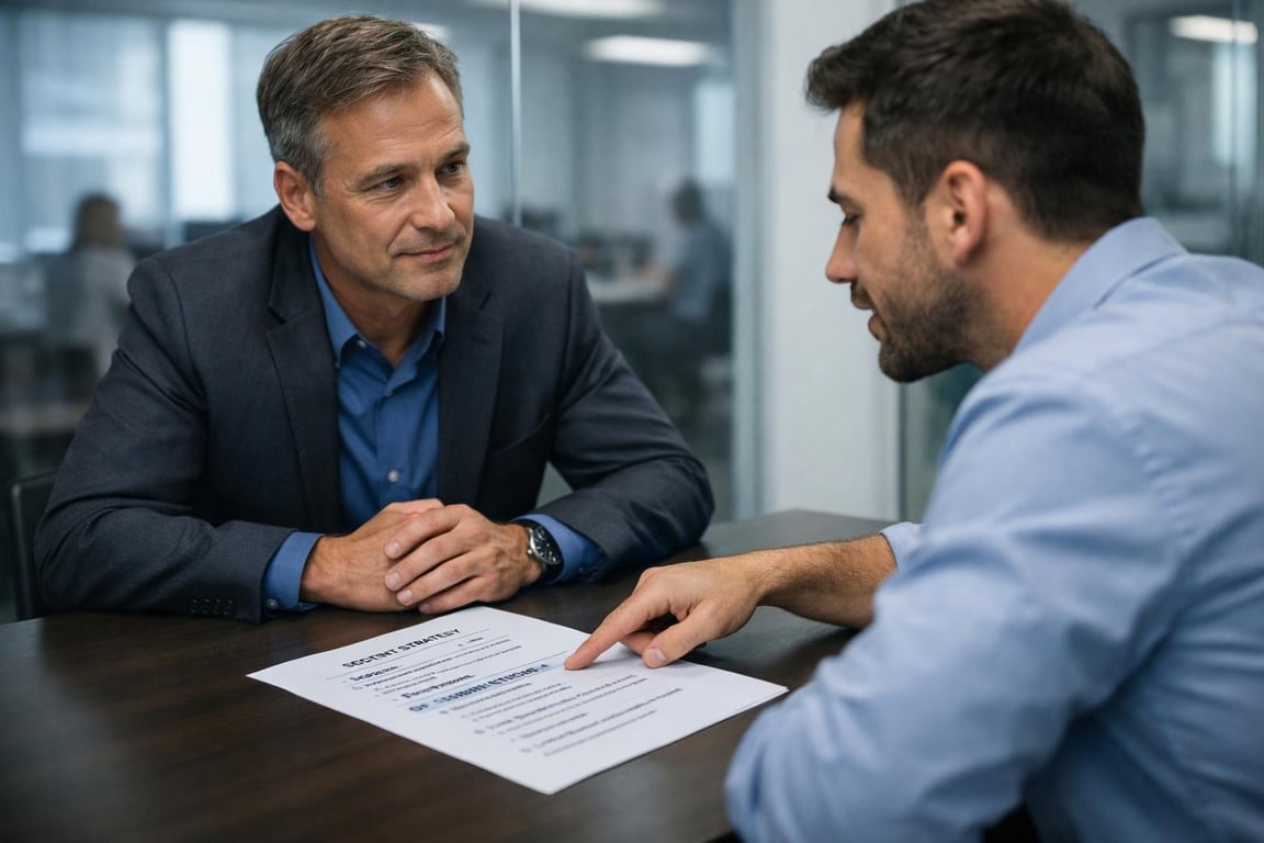 Two businessmen discussing a document labeled "Security Strategy" during a meeting in a modern office.