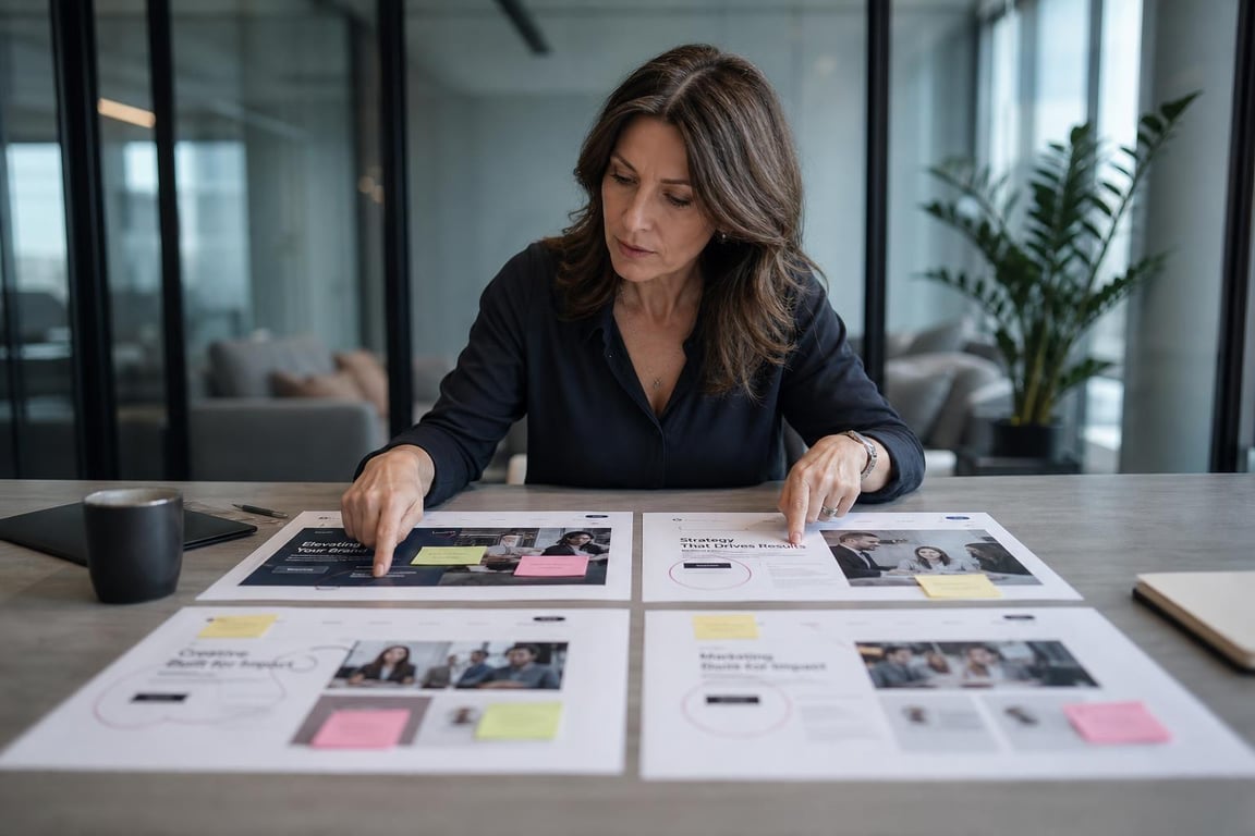 Marketing director comparing four annotated web page printouts on a conference table, analyzing SEO copywriting structure