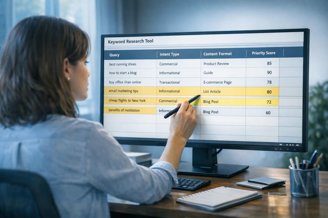 Person analyzing a keyword research tool showing queries, intent types, content formats, and priority scores on a monitor.