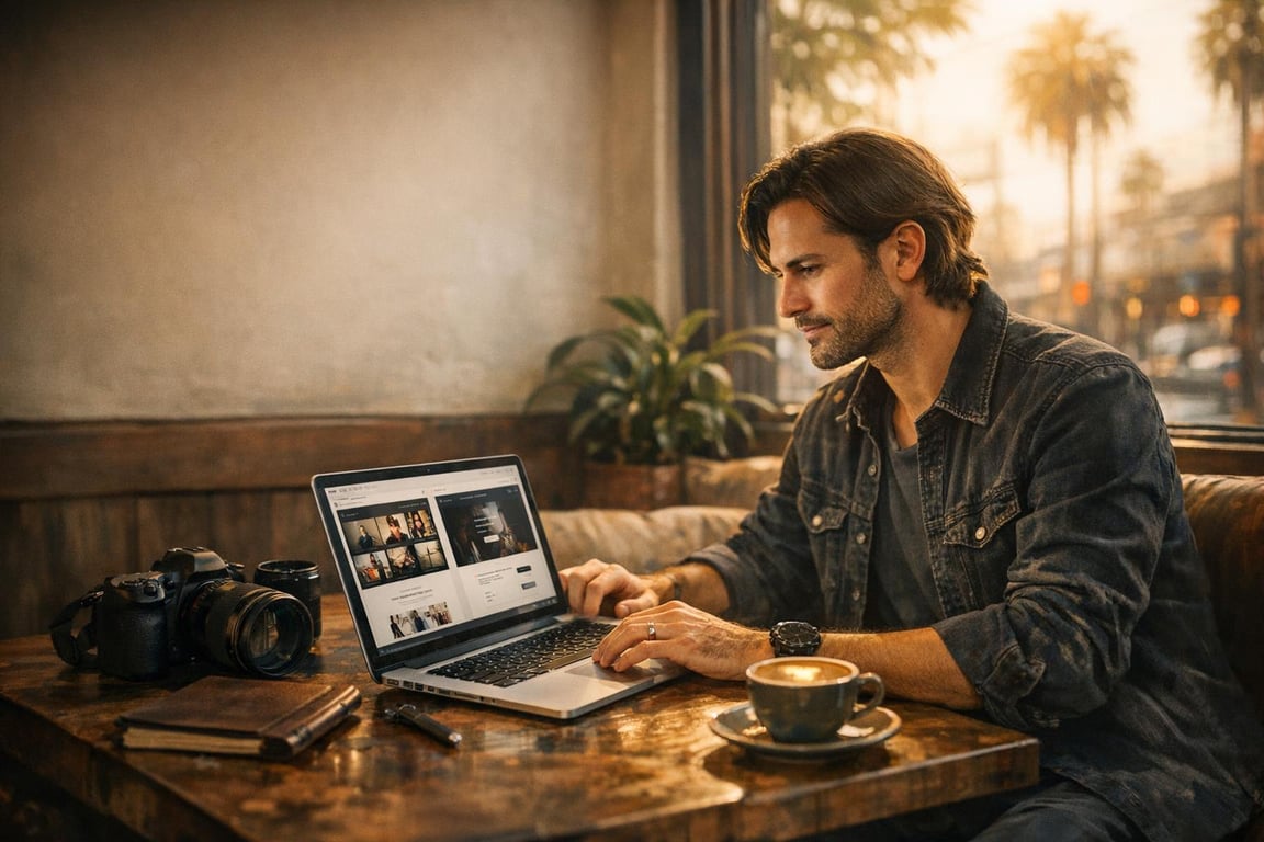 Man working on laptop at wooden table with camera, notebook, and coffee cup in cozy cafe setting at sunset.
